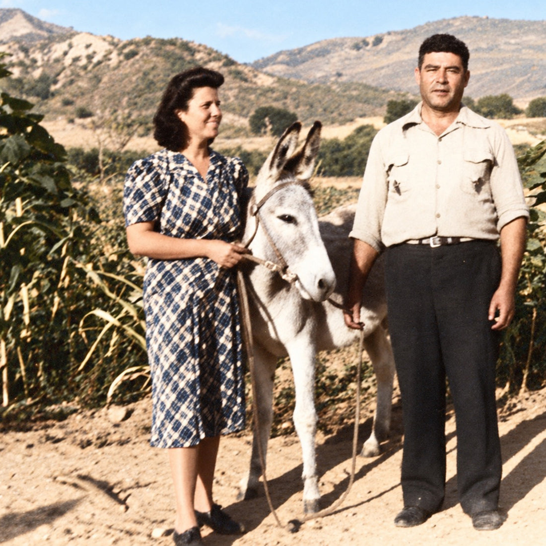 Grandma and Grandpa Hernandez standing with a donkey on their homestead, hills behind them