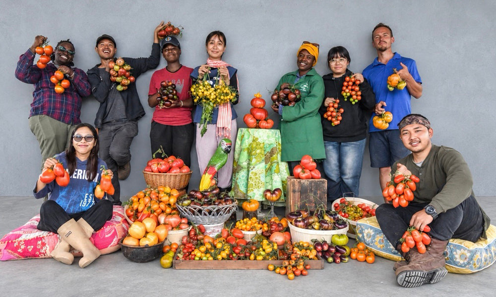 The Baker Creek crew with an abundant harvest of heirloom tomatoes
