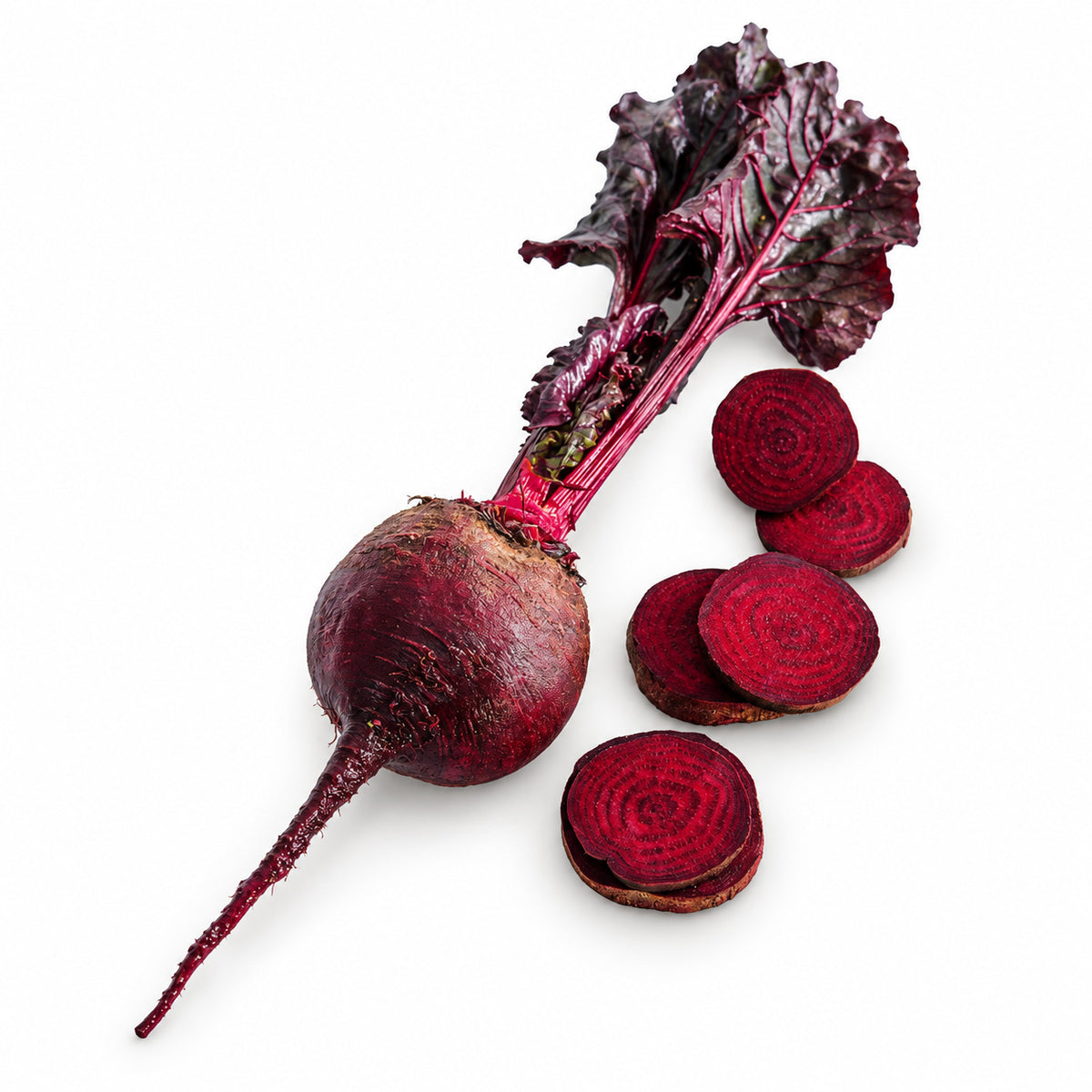 Crosby's Egyptian beets, whole and sliced, on a white background.