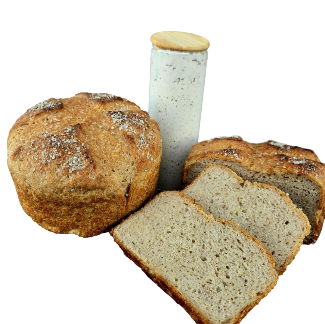 Bread and Amazing Sourdough Rice Starter arranged on a white background.
