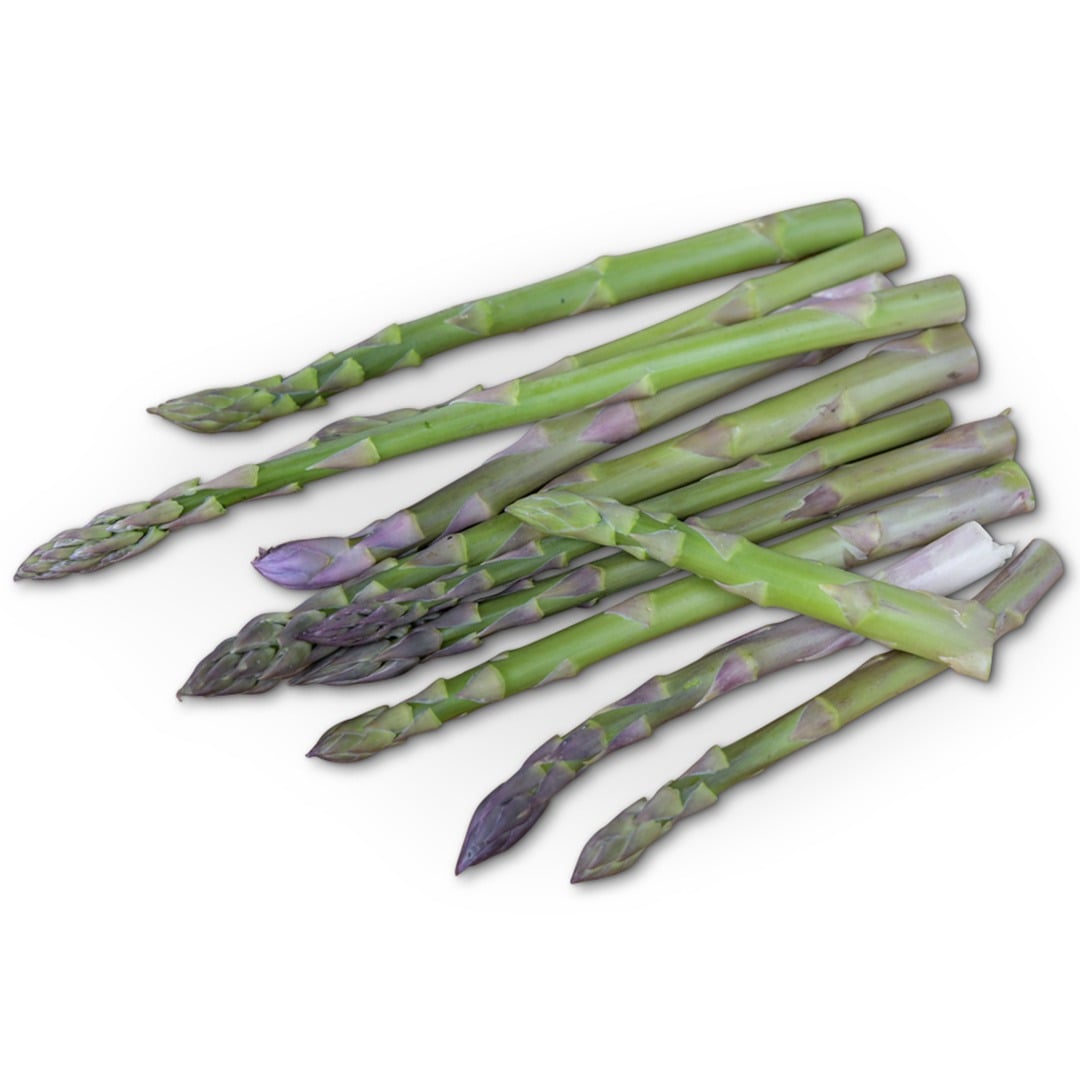Mary Washington Asparagus salad on a black plate on a white background.