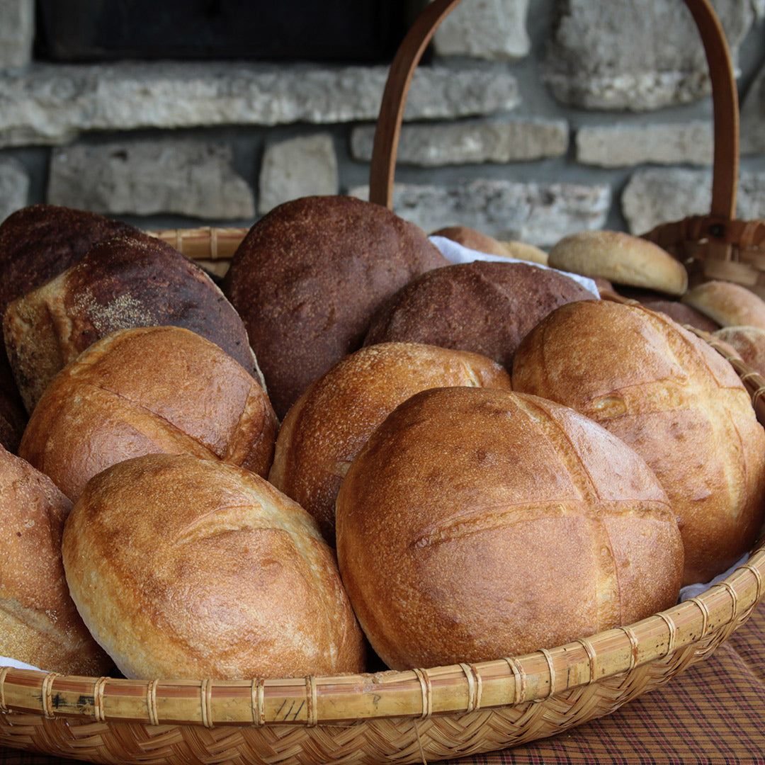 Many loaves of bread made with Old World Sourdough Starter against a stone oven.