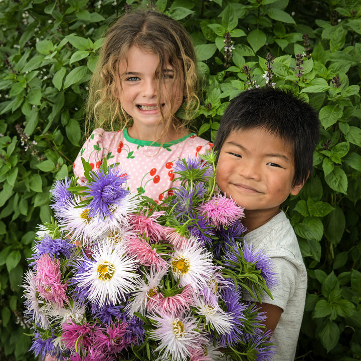 Malia and Cyan holding a freshly picked bouquet of Star Pastel Mix Aster flowers.