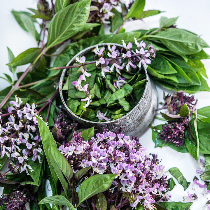 Chopped Siam Queen Thai Basil in a Thai bowl surrounded by flowers and fresh leaves.