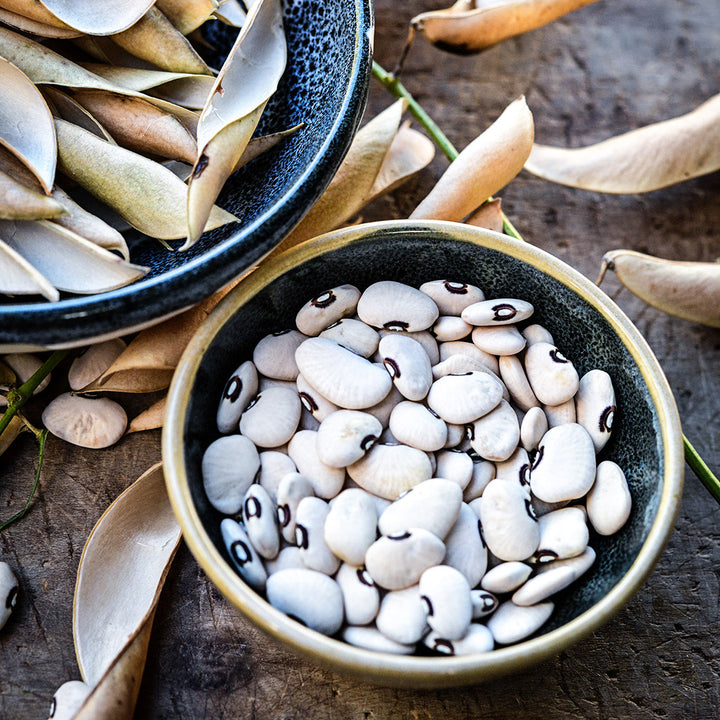 A bowl of Alabama Blackeyed Butterbean Lima Beans with hulls in another bowl on a wooden background.