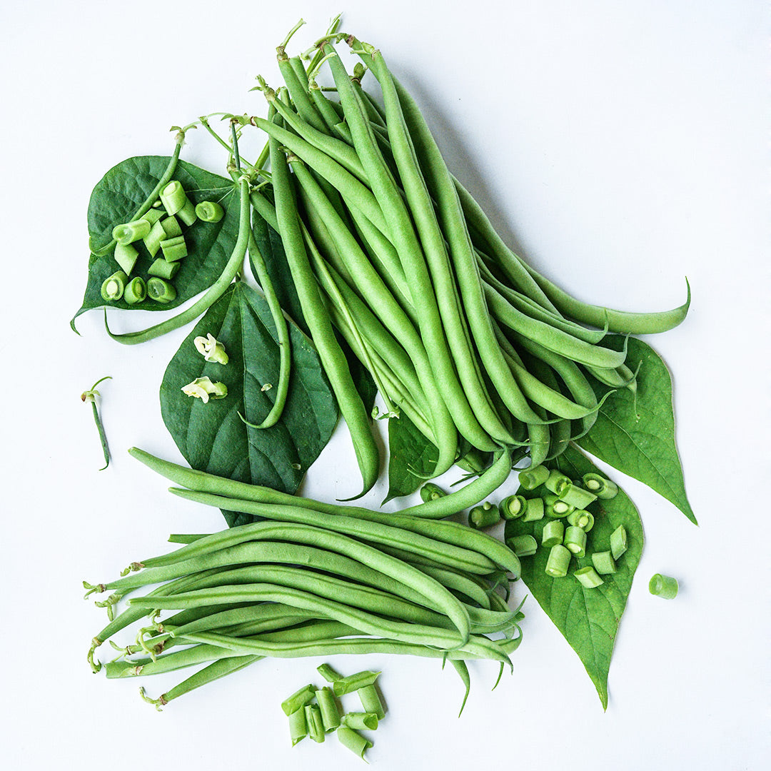 Cut and whole Odeon Bush Beans arranged on white background.