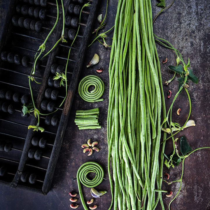 Bundled, chopped and whole Taiwan Yard-Long Beans with blooms on a dark brown background.