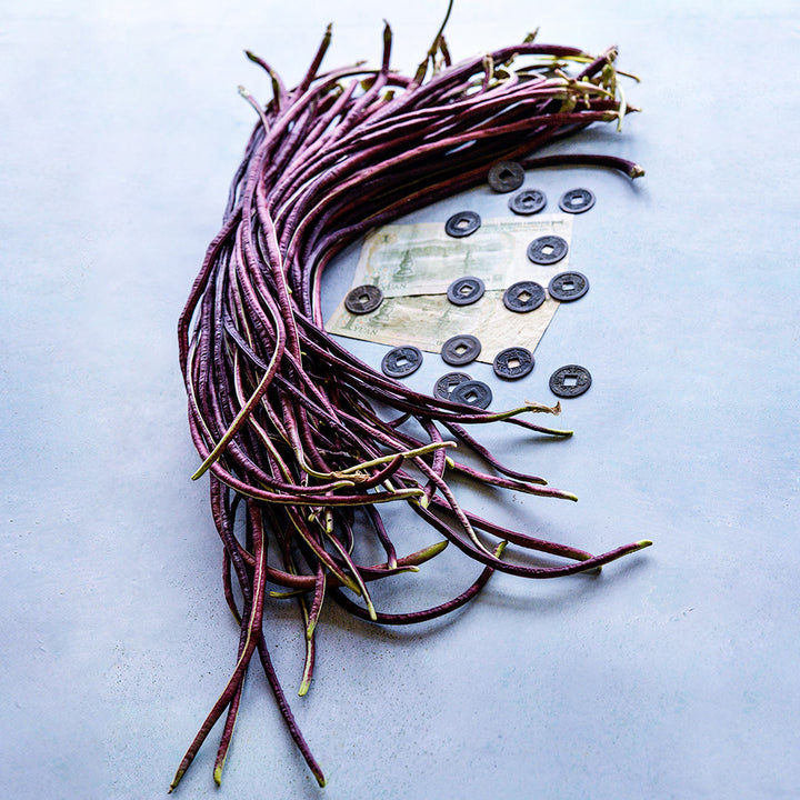 Chinese Red Noodle Long Beans with Chinese money on light blue background.