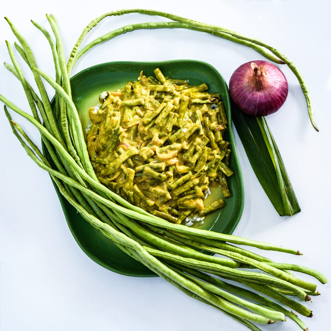 Taiwan Yard-Long Bean Sri Lankan Curry on green plate with fresh long beans on a white background.