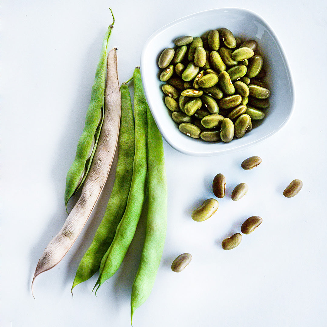 Pods lay beside a white bowl full of Mbombo Green Beans on a white background.