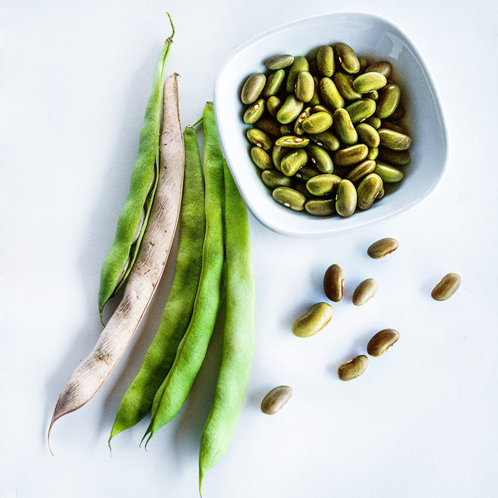 Pods lay beside a white bowl full of Mbombo Green Beans on a white background.