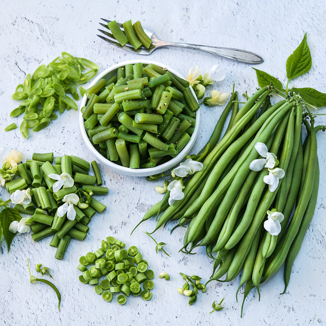 Cooked and raw, cut and whole Odeon Bush Beans arranged with flowers on a light background