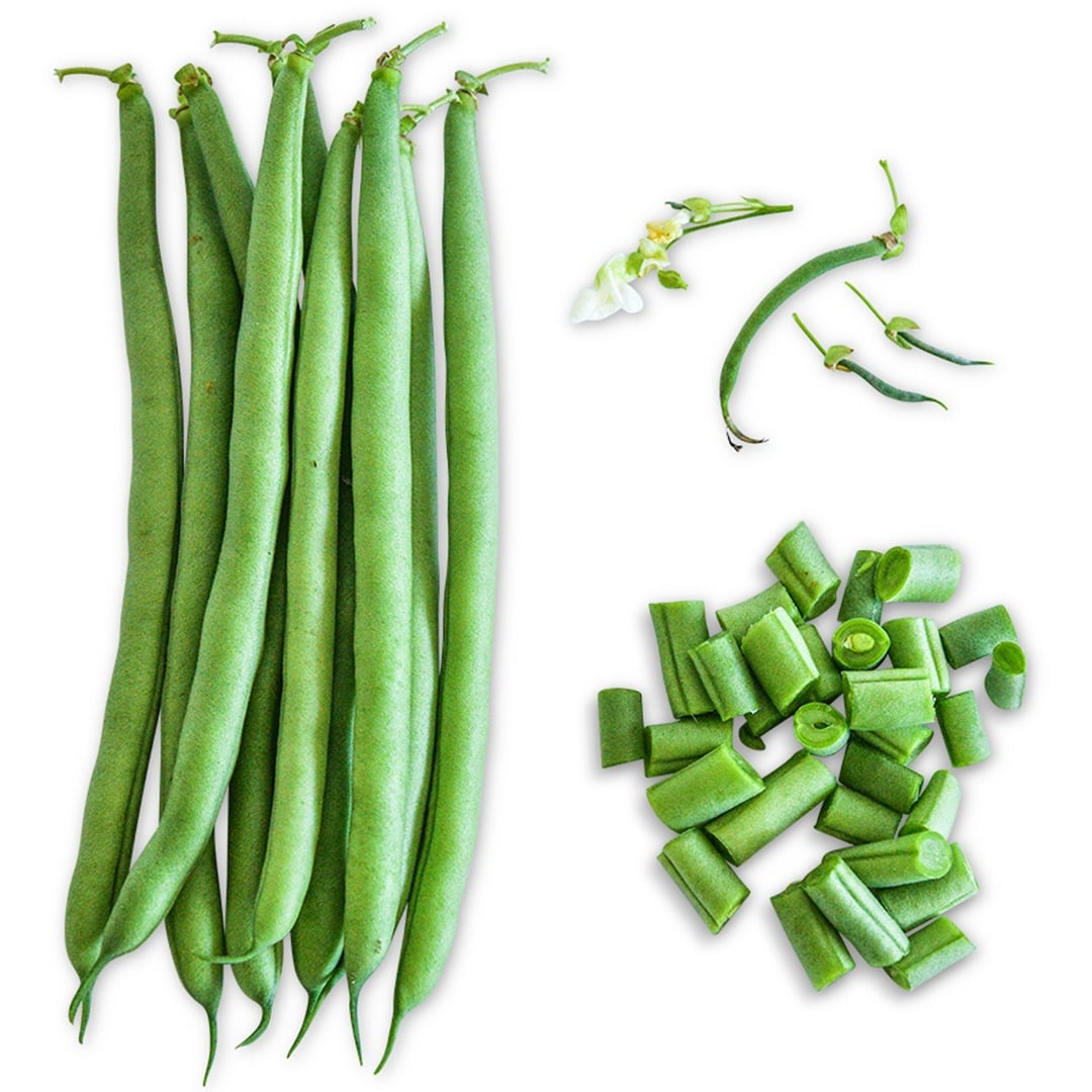 Whole and cut Derby Beans arranged on a white background.