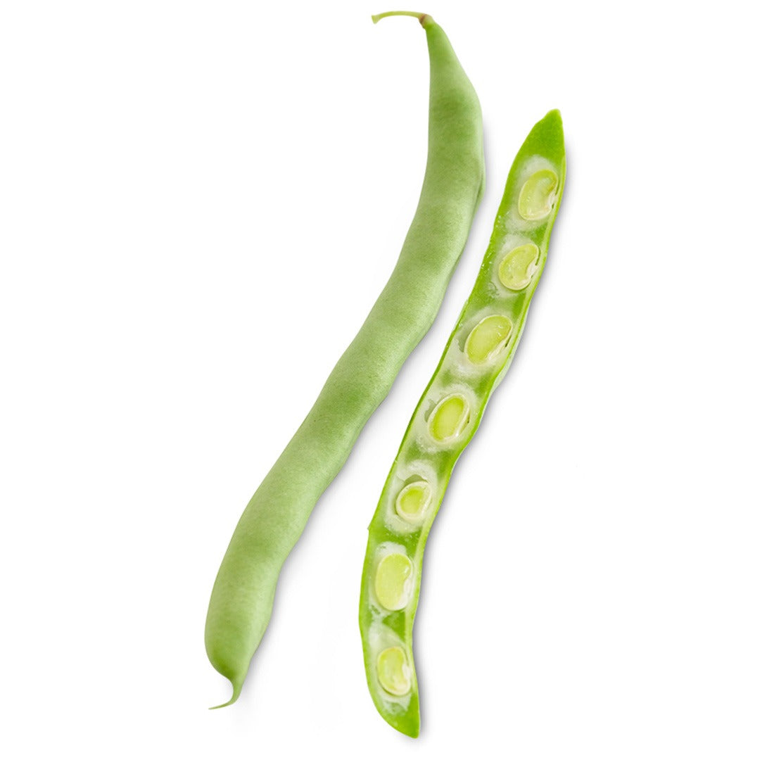 One whole and one cross sliced McCaslan 42 Pole Bean pods on a white background.
