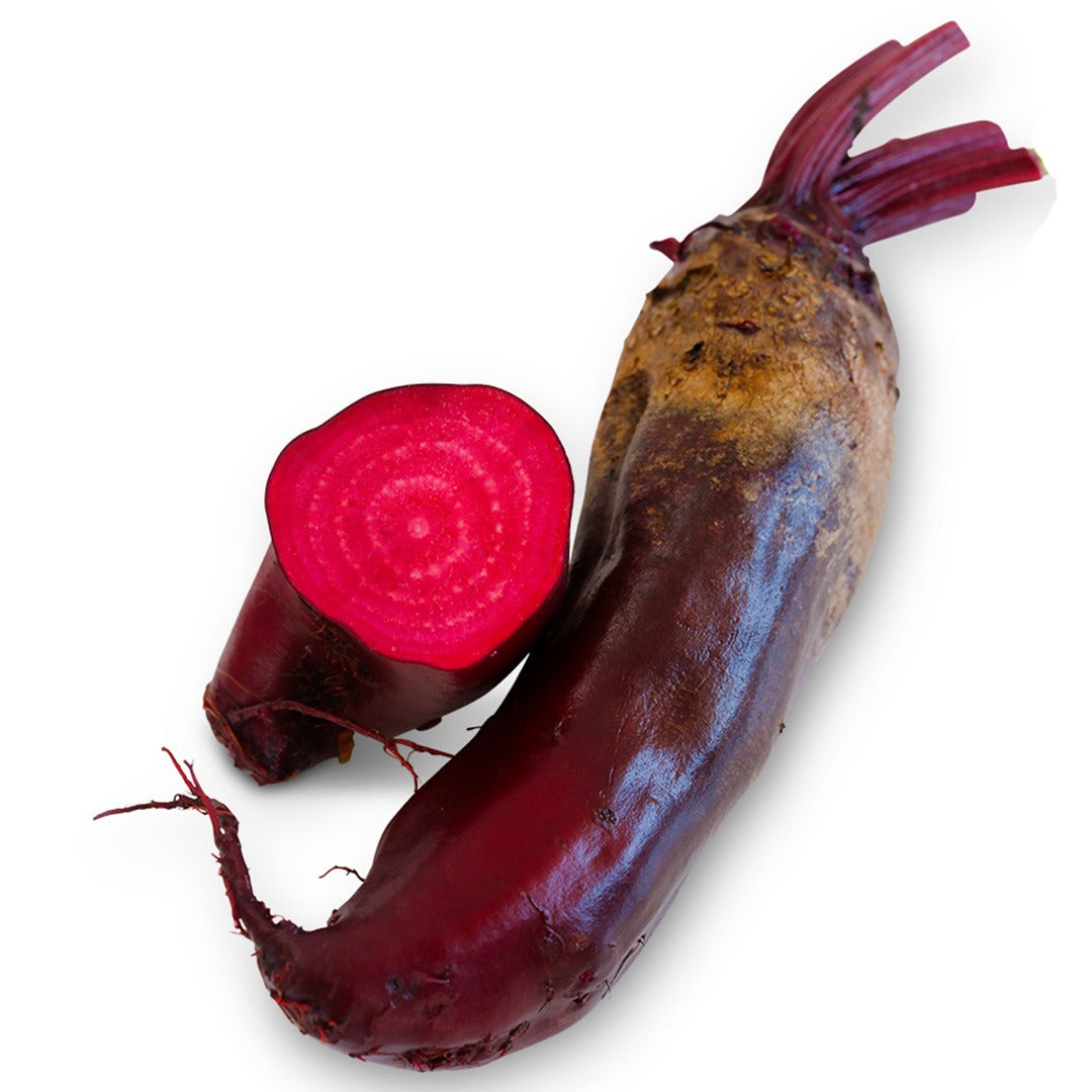 One whole Renova Beet next to one cut in half on a white background