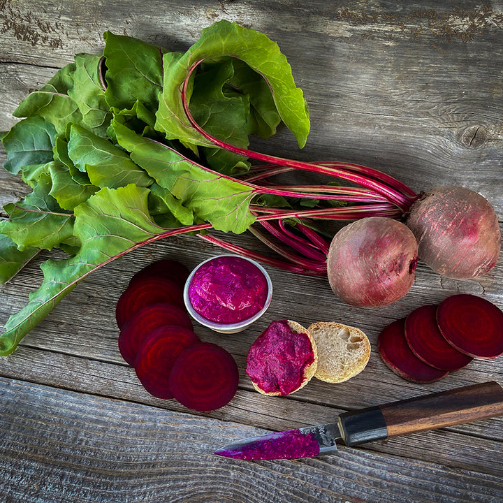 Detroit Dark Red Beets with leaves and red beet hummus. Image courtesy of Lucy Hutchins.
