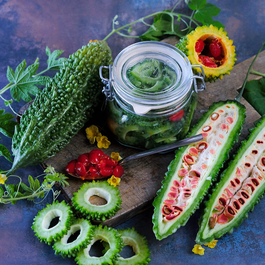 Pickled Abashi Bitter Melon surrounded by whole and cut bitter melons with foliage on a dark background.
