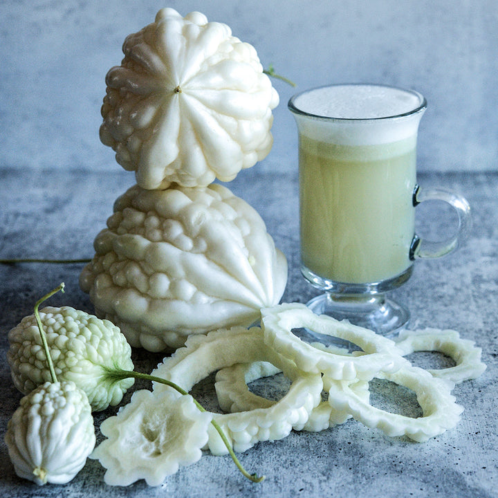 Pearl Goya Bitter Melon juice with whole and sliced bitter melons on a light grey background.