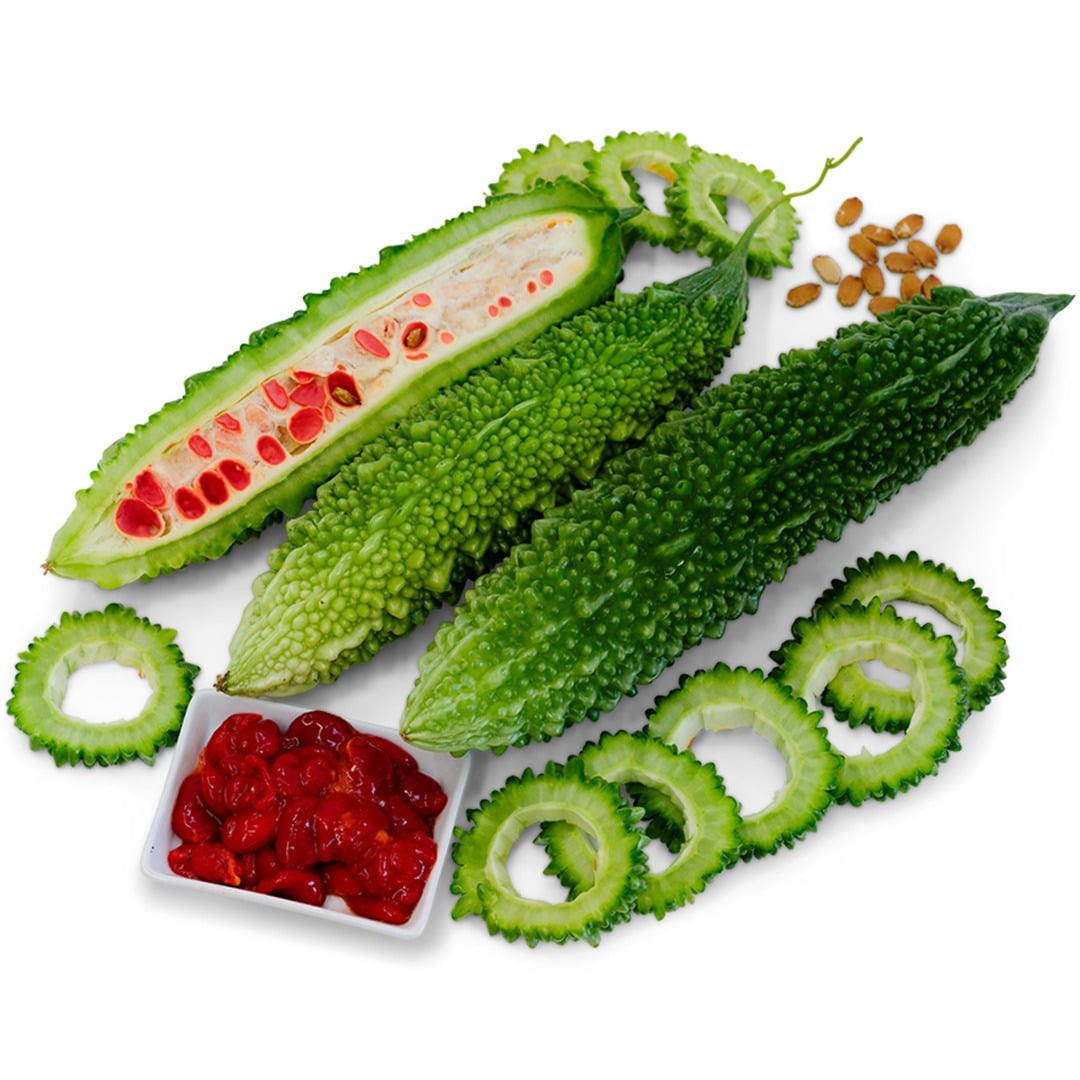 Whole and sliced Ganjyu Bitter Melon a white background.