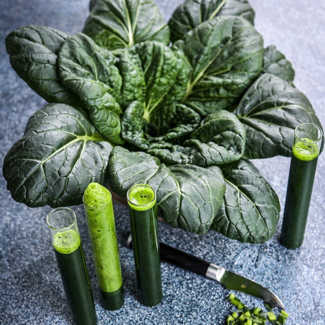 A head of Chijimisai with juiced Chijimisai in glass tubes with a Japanese knife.