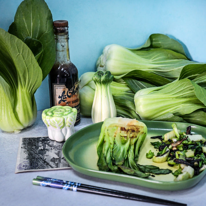 Grilled and sauteed Suzhou Baby Bok Choy with soy sauce on a light blue background.