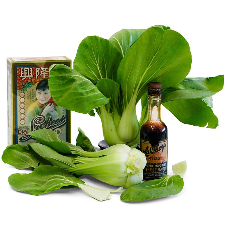 Shanghai Green Bok Choy with Japanese soy sauce on a white background.
