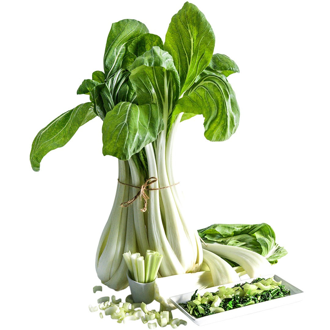 Bundled Snow White Bok Choy on a white background.