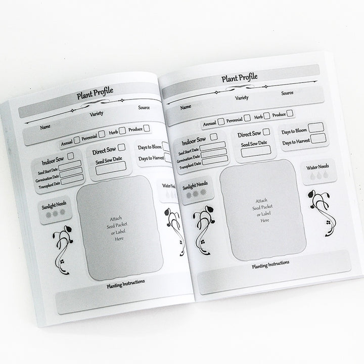 A view of some inside pages of the Garden Planner, Journal, and Log Book on white.