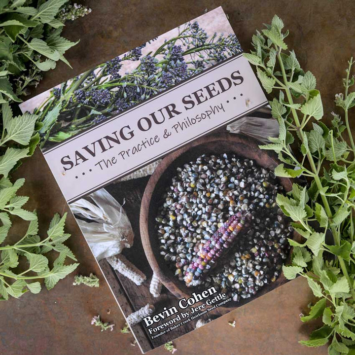 Saving Our Seeds By Bevin Cohen book on a brown background surrounded by greenery.