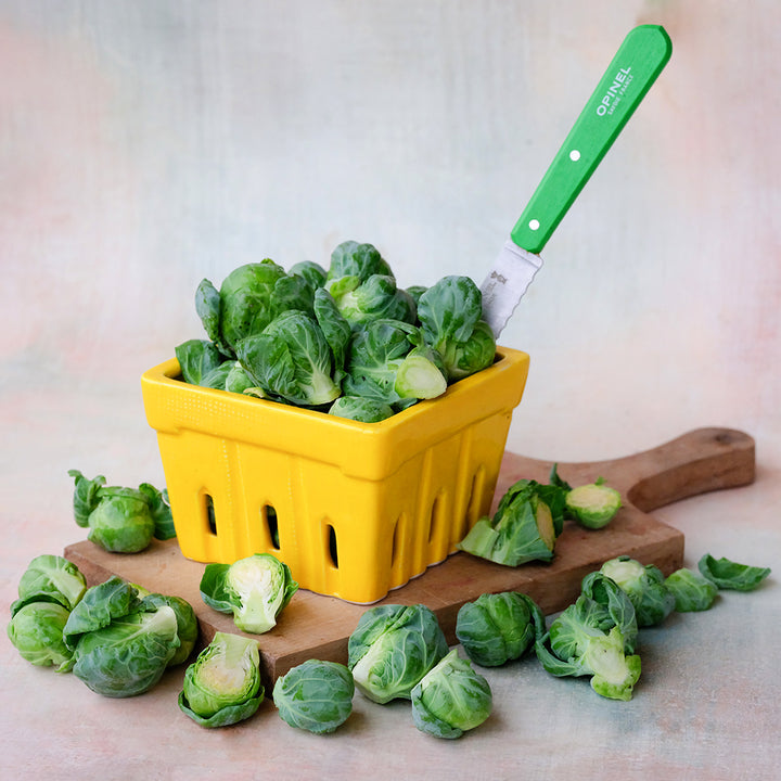 A yellow ceramic basket full of Long Island Improved Brussels Sprouts with a green handled knife.