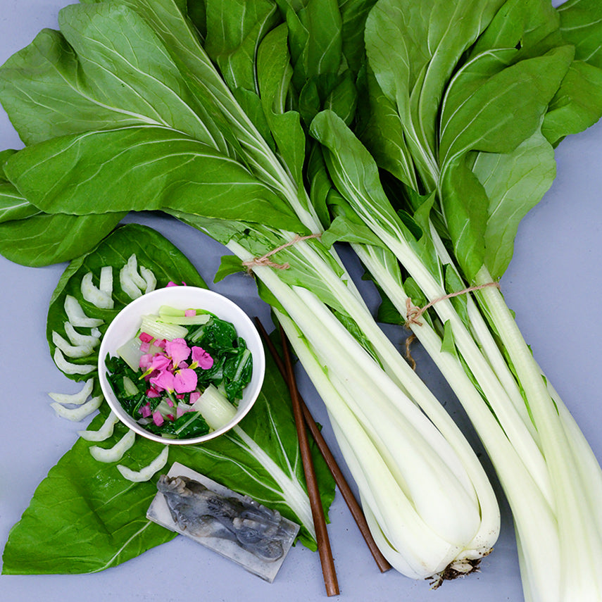 A couple of tied heads of Snow White Bok Choy with a steamed bowl of greens and stems.