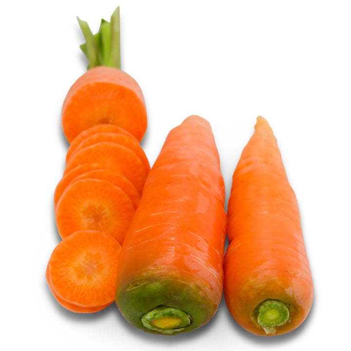 Two whole New Kuroda carrots next to a sliced carrot on a white background