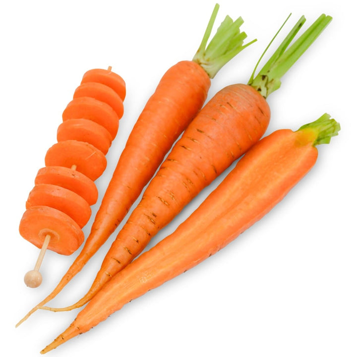 Whole and sliced St. Valery Carrots on a white background.
