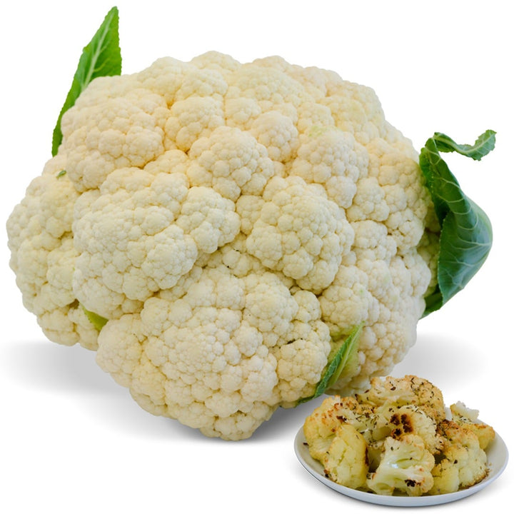 Durgesh 41 Cauliflower with roasted cauliflower on a white background.