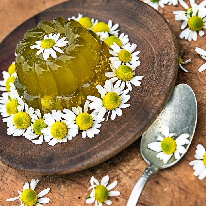 Zloty Lan Chamomile jello decorated with chamomile flowers on wooden plate with a silver spoon.
