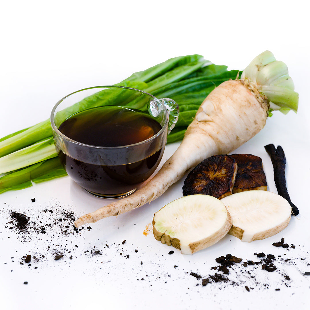 Fresh and roasted Chiavari Chicory with chicory coffee and leaves on a white background.