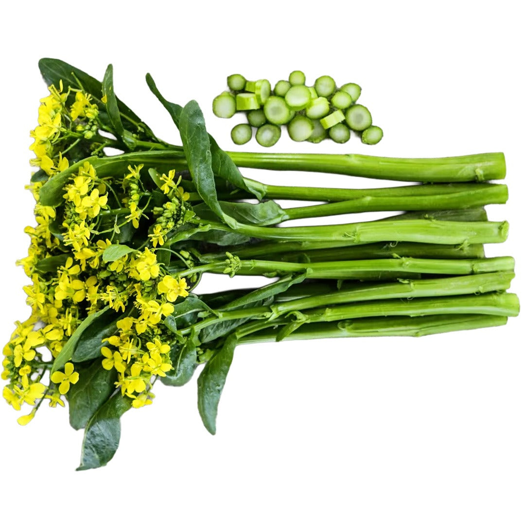 Blooming 50-Day Choy Sum stems with chopped stems on a white background.