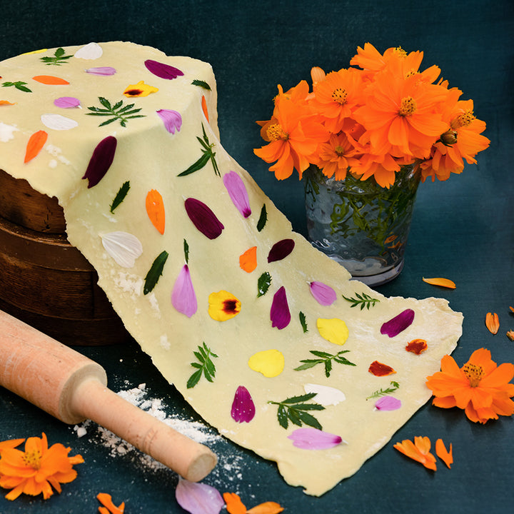 Cosmic Orange Cosmos with some pasta dough with flower petals on it with a rolling pin and flour.