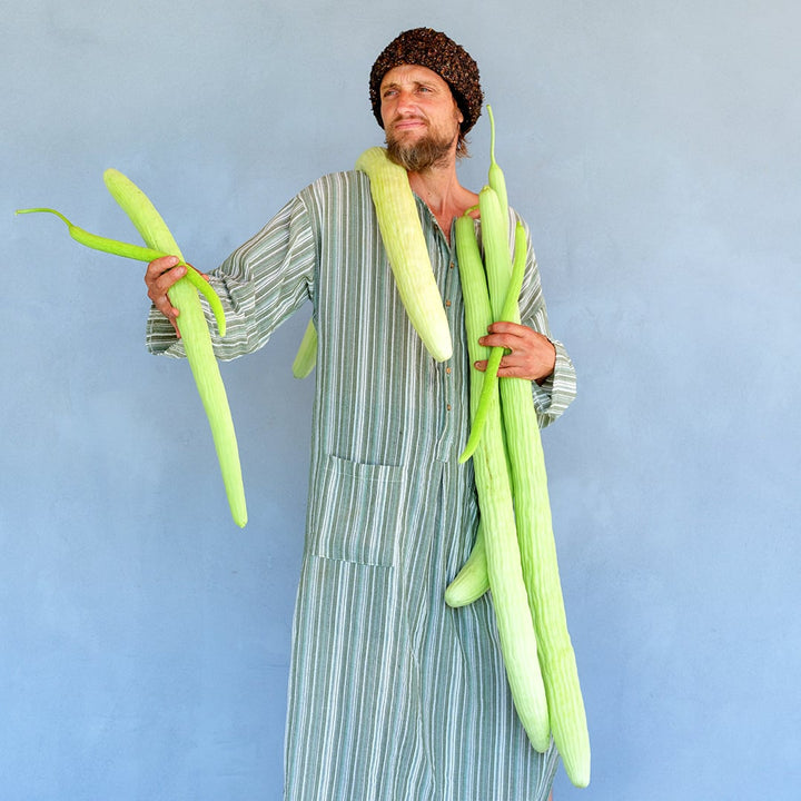 A man in a striped tunic and flip flops striking a pose and holding Indian Snake Cucumbers.