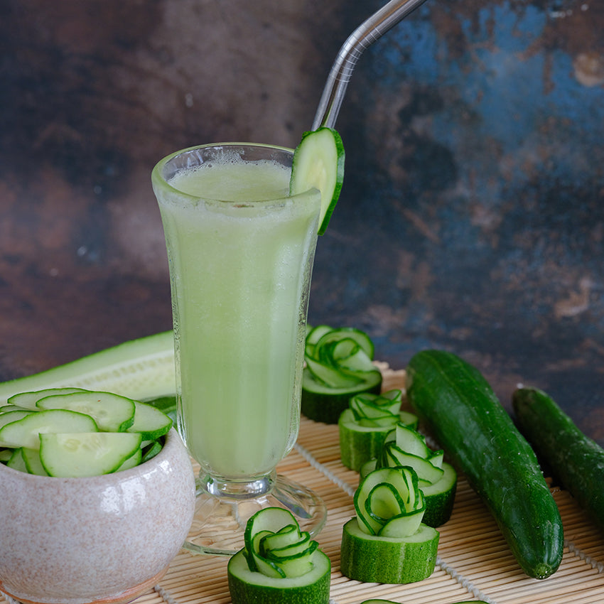 Aonaga Jibai Cucumber with slices, flowers and refreshing drink.