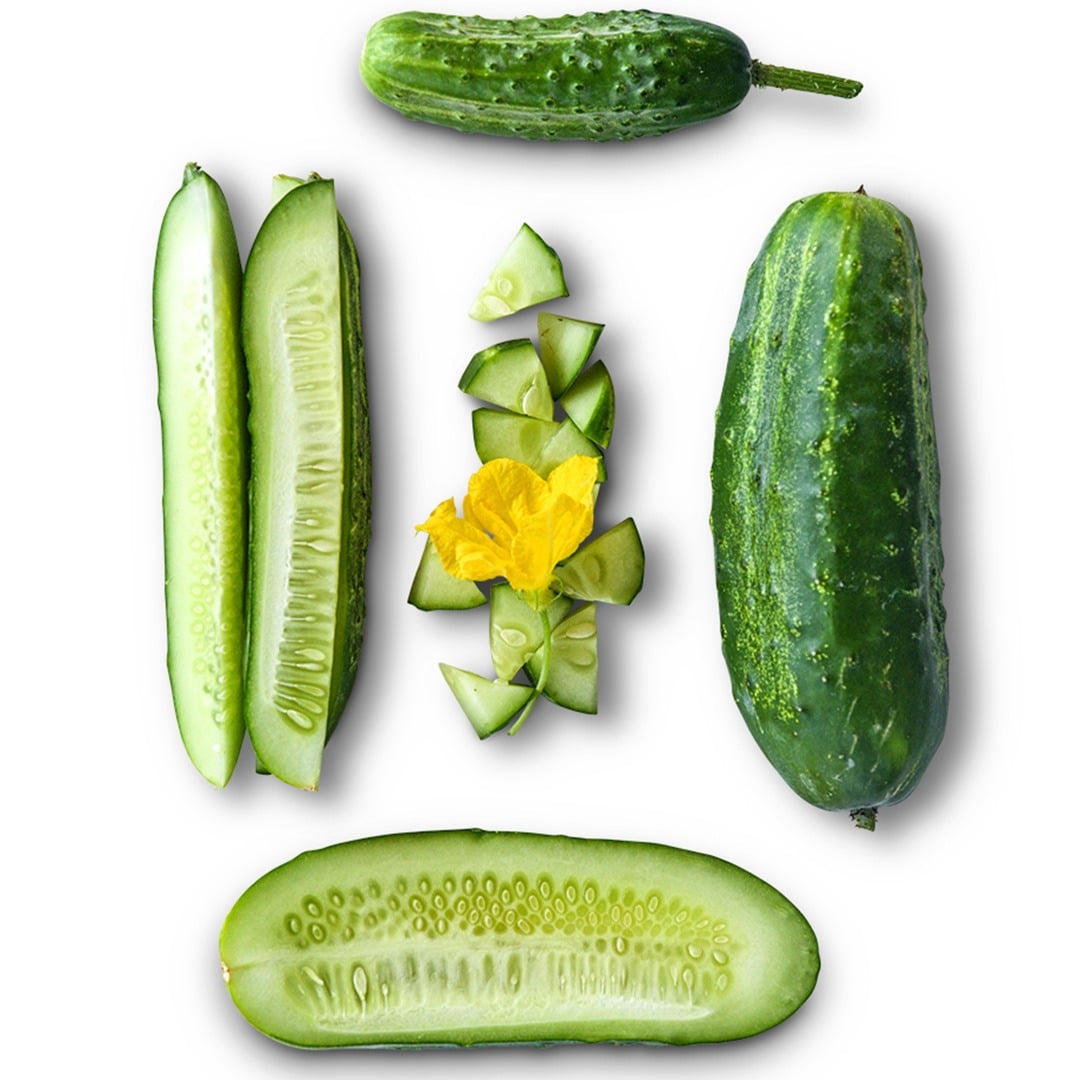 Whole and sliced Boston Pickling Cucumbers on a white background.