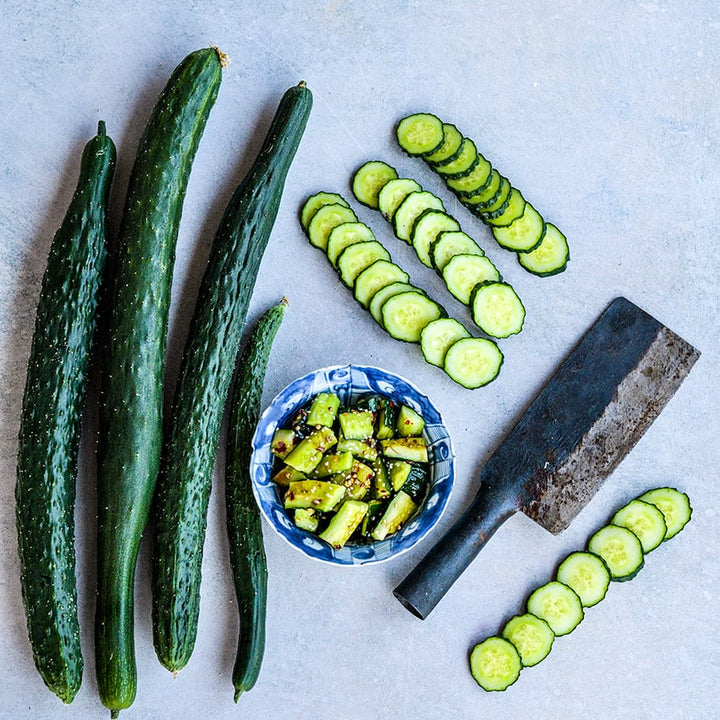 China Jade Cucumber with slices and cucumber salad.
