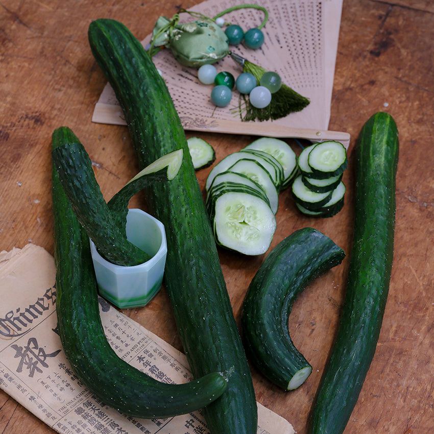 China Jade Cucumber, whole, slices and halved.