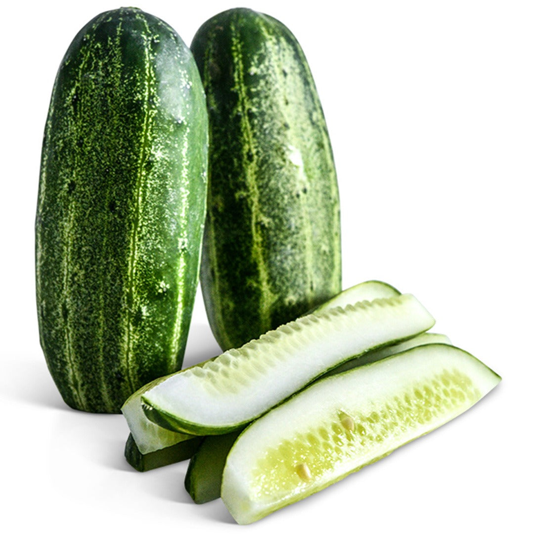 Pair of Dar Cucumbers with slices on a white background.