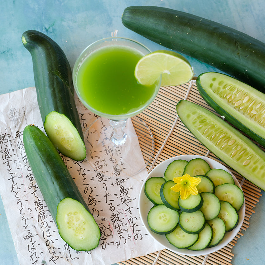 Tokiwa Tokyo Green Cucumbers, sliced, halved and as cucumber water.