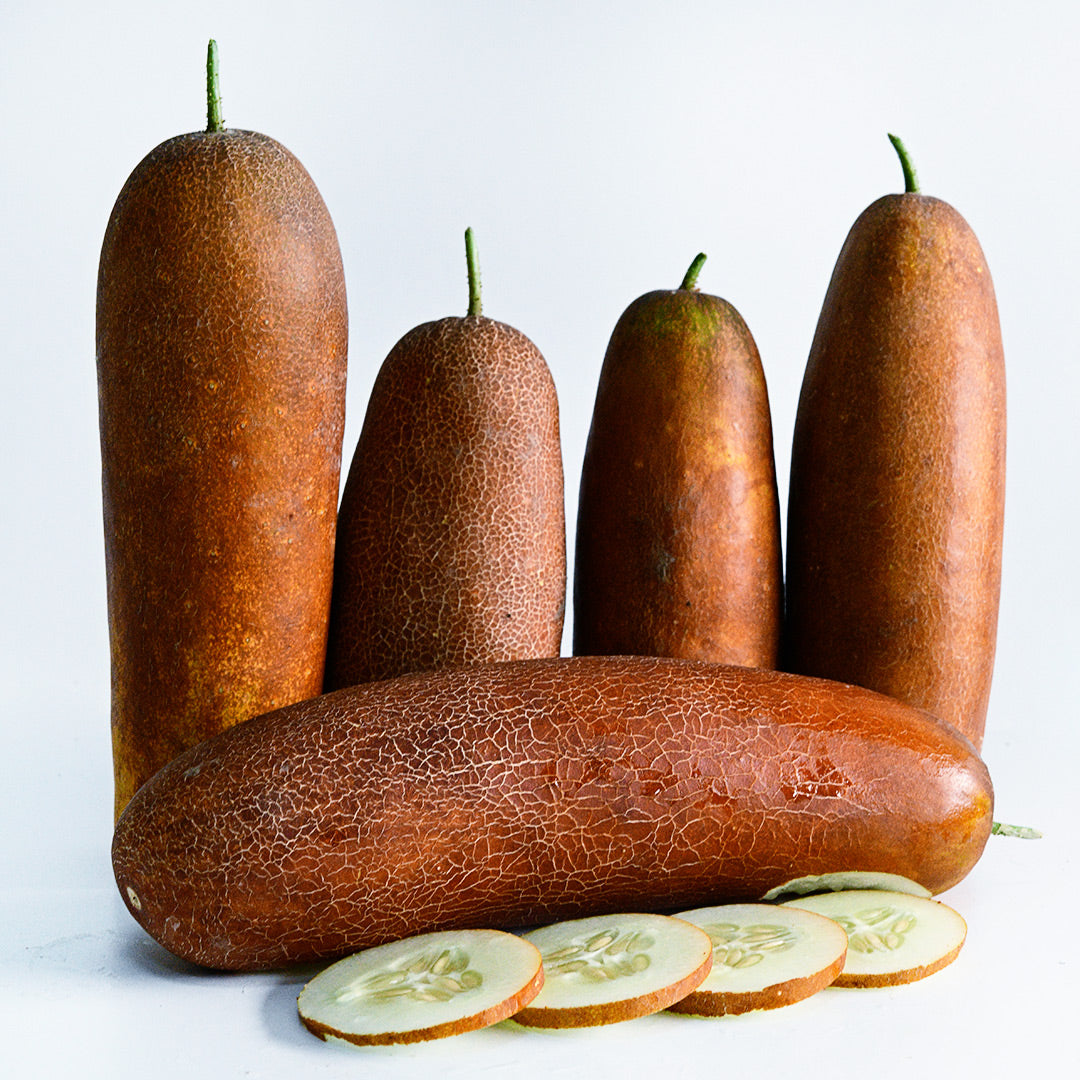 Five Gagon Cucumbers with slices arranged on a white background.