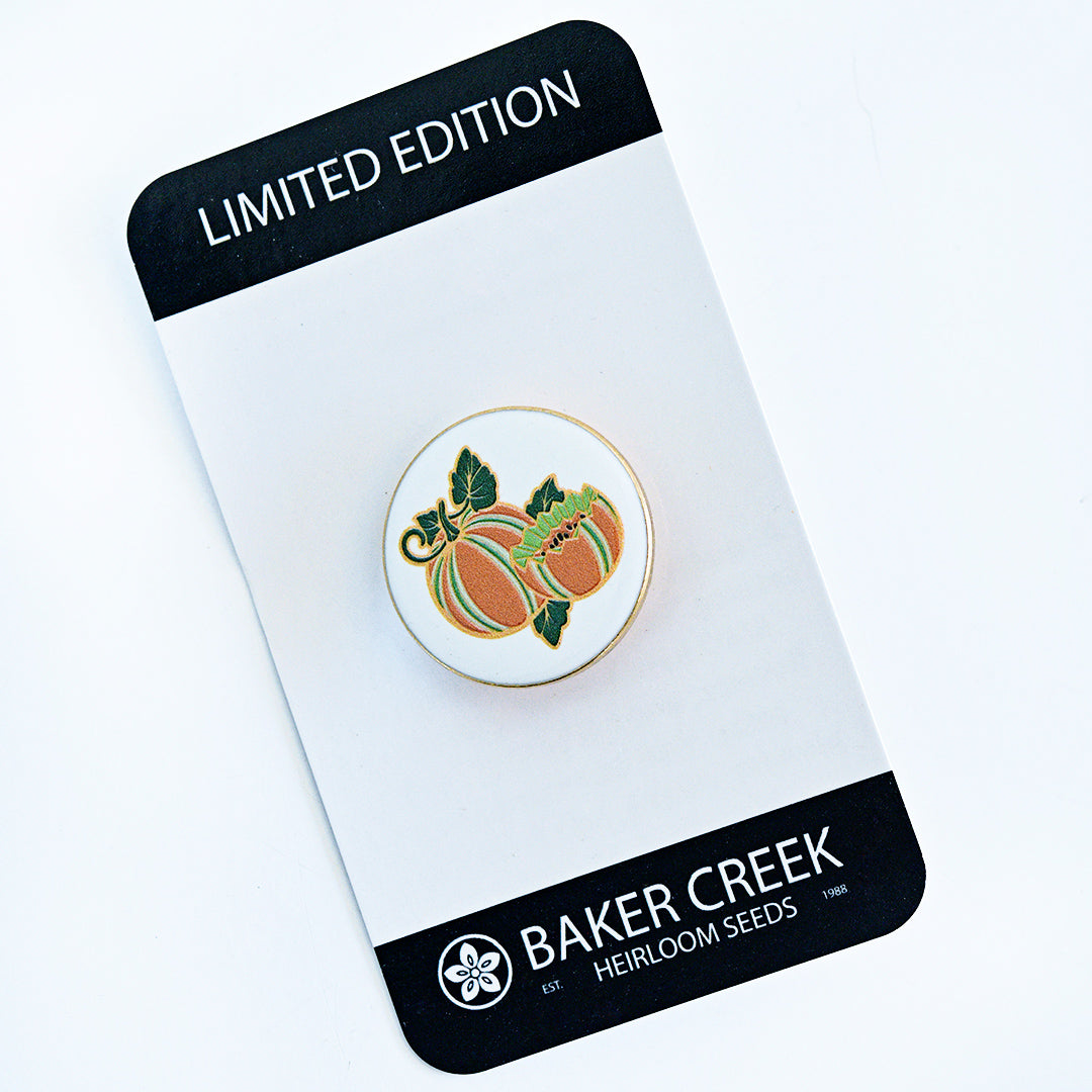 Baker Creek Kajari Melon Limited Edition Pin on a card on a white background.