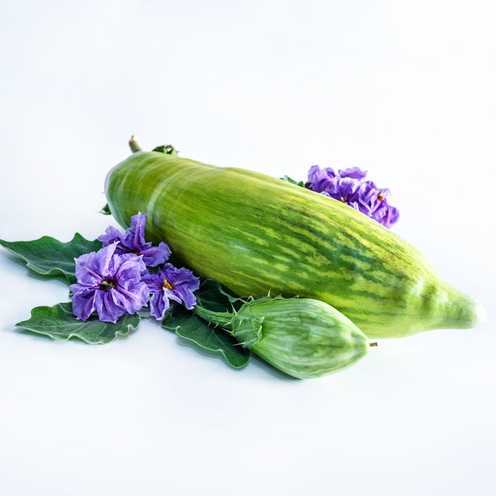 A couple of Giant of Barman Eggplants laying on a white background with blooms and foliage.