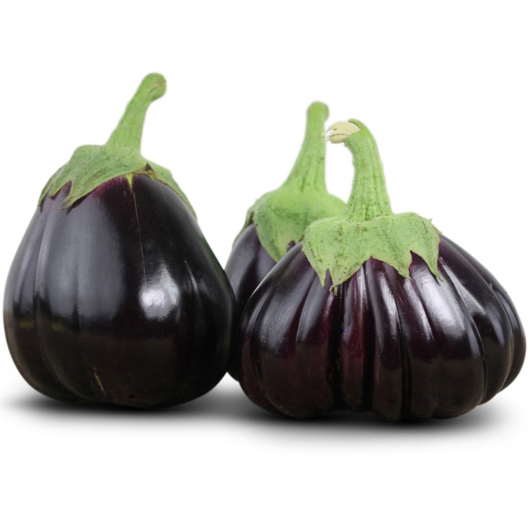 Trio of Black Beauty Eggplant on a white background.