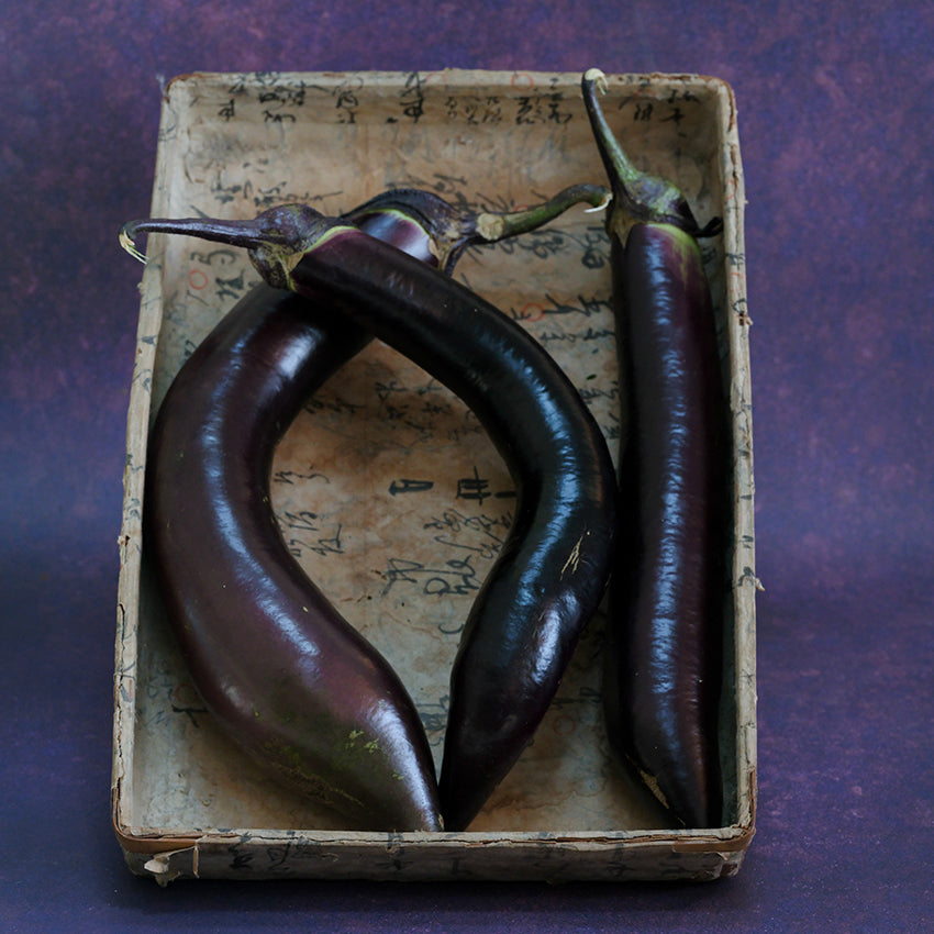 Nagasaki Eggplant in shallow, decorative tray.
